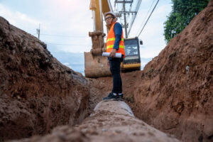 Pipeliner safely working on sewage pipeline project with pipeline skids and mats