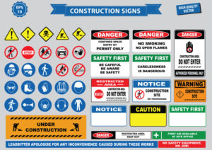 Set of Construction sign (warning, site safety, use hard hat,children must not play on this site, no admittance to unauthorized personnel, safety hard helmet, boots and vest must worn at all times)